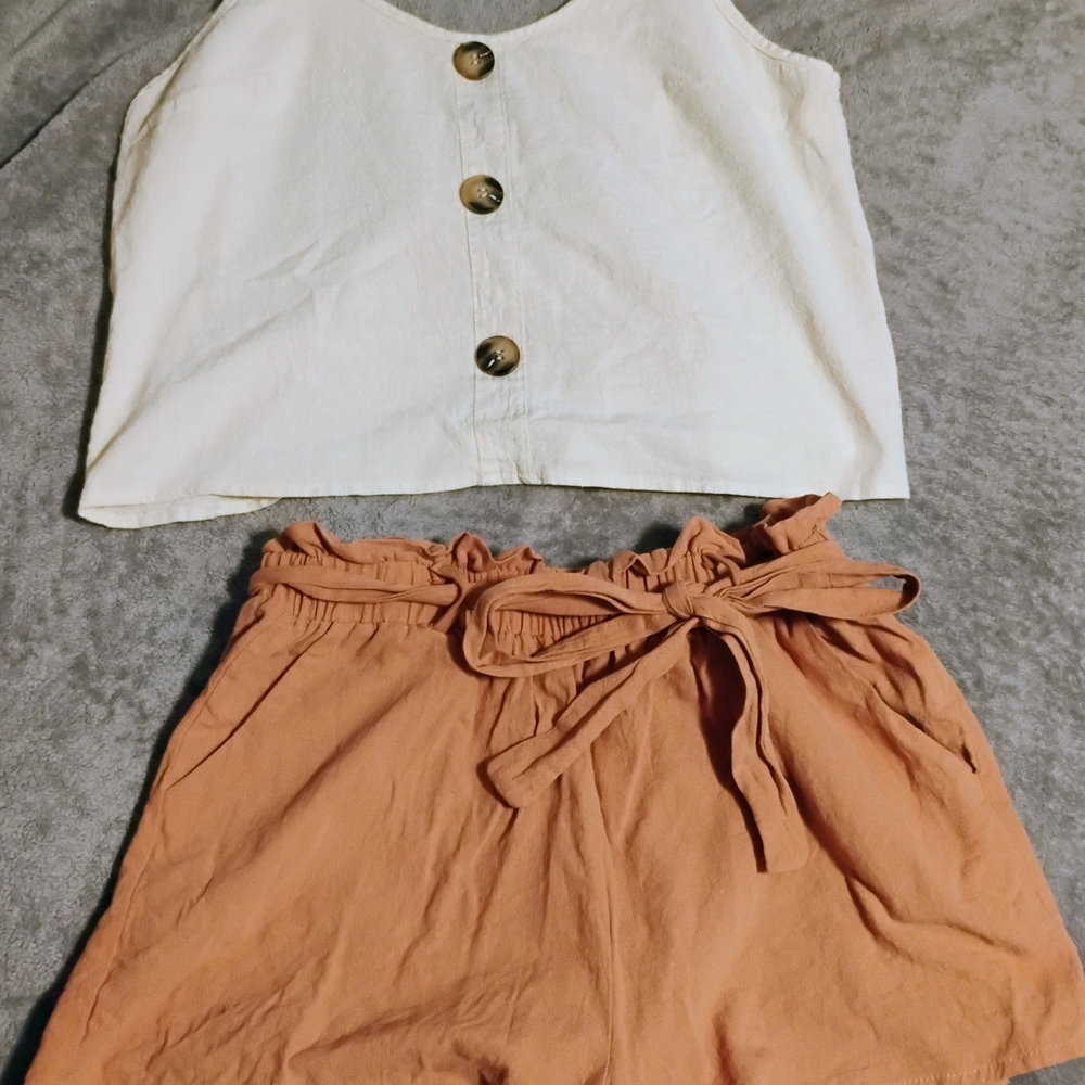 Women's 2 Piece Shein Paperbag Waist Tie Shorts - Rust And Flowy Top